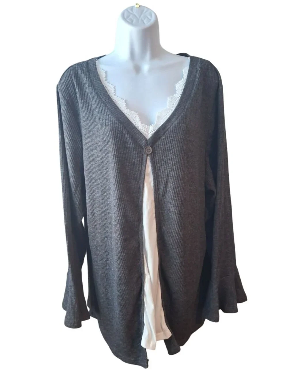 BloomChic Knit Cardigan 2XL Gray Rib Boho Soft Girl Cozy Lounge Plus